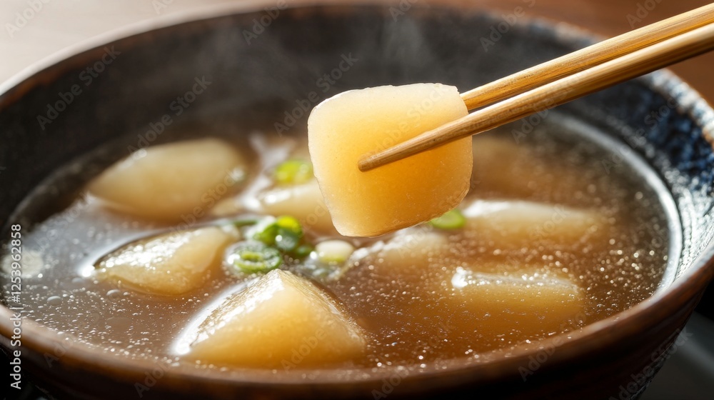 A close-up of chopsticks lifting a tender slice of simmered daikon from a hot bowl of oden, broth dripping from its surface. A close-up of chopsticks lifting a tender slice of simmered daikon from a hot bowl of oden, broth dripping from its surface.