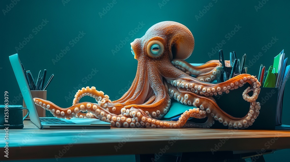 Obraz premium Octopus Working on Laptop Digital Art Creative Office Scene Humorous Illustration Funny Animal Business Concept Modern Design Unique Artwork Vibrant 