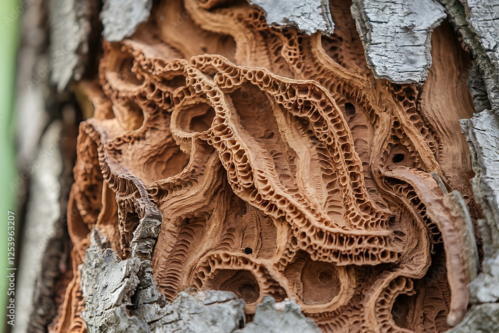 Fototapeta premium Closeup of intricately carved tunnels in tree bark, likely created by woodboring insects. The texture and patterns are remarkably detailed, showcasing natures artistry.
