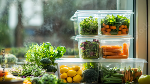 The transparent plastic containers with food inside were stacked on top of each other