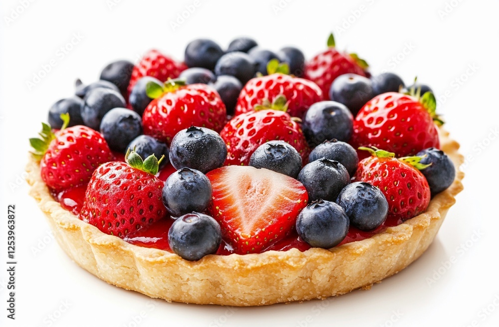 Close-up of a vibrant berry tart topped with fresh strawberries and blueberries, showcasing a golden crust and juicy fruit on a white background Close-up of a vibrant berry tart topped with fresh strawberries and blueberries, showcasing a golden crust and juicy fruit on a white background