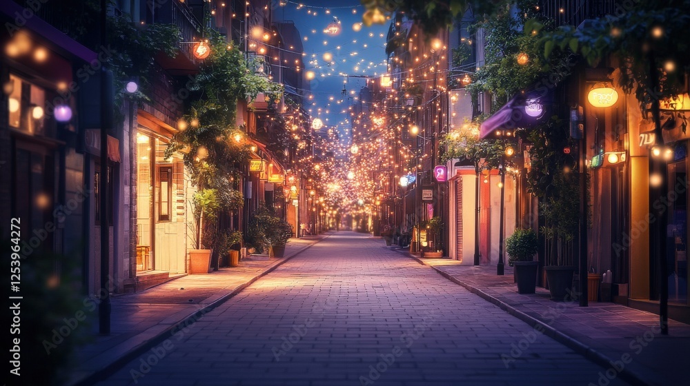 Obraz premium A Nighttime Street Scene Illuminated With Festive Lights