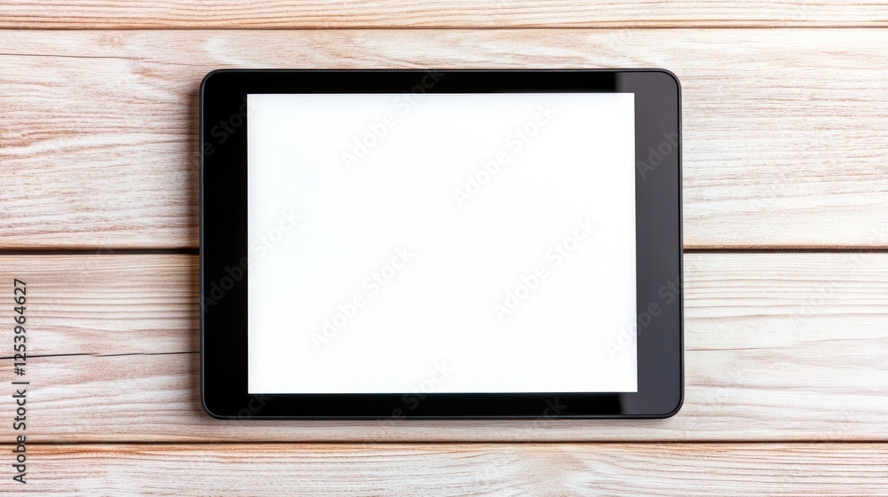Blank tablet screen on wooden table, overhead view Blank tablet screen on wooden table, overhead view