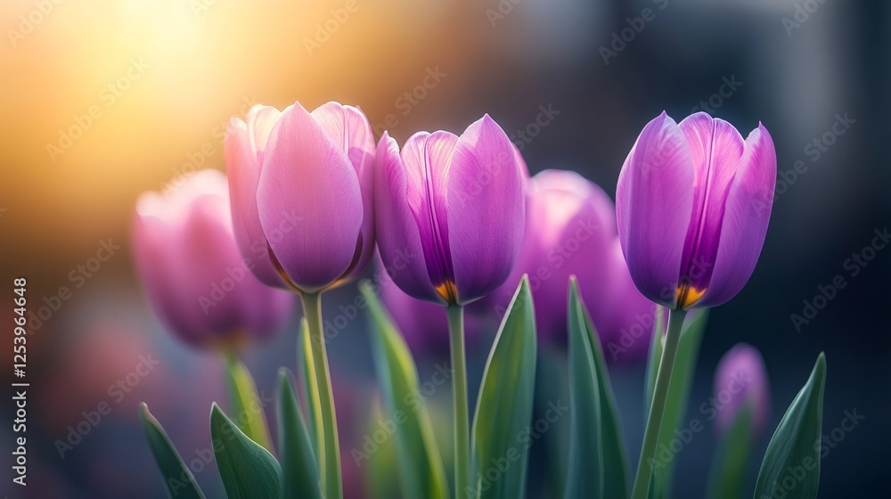 Fototapeta premium Vibrant purple tulips glowing in sunlight