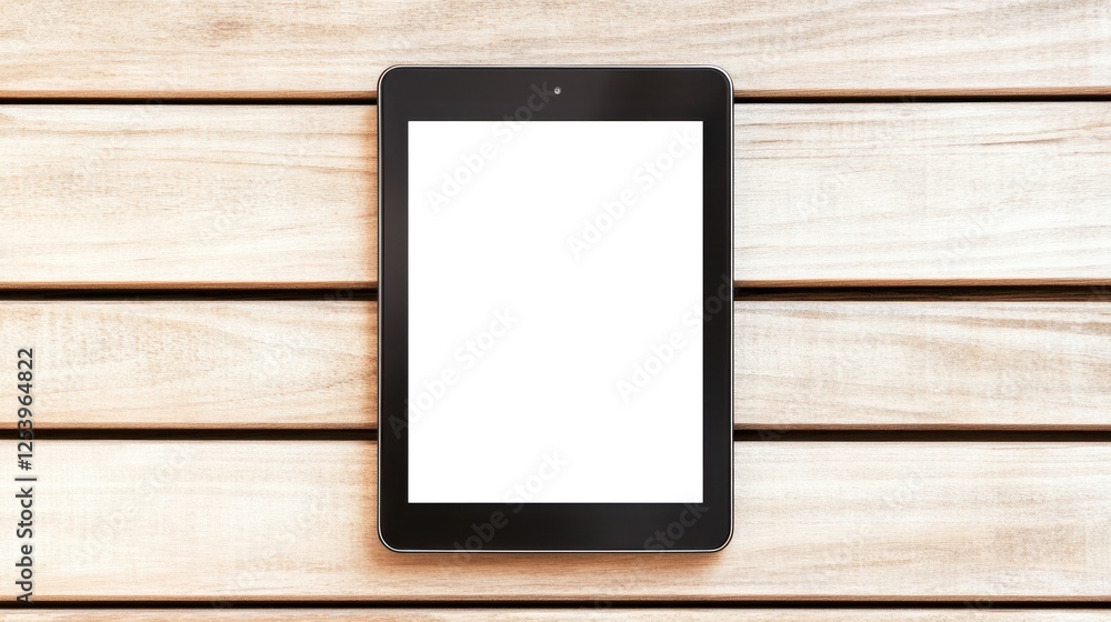 Blank tablet screen on wood background Blank tablet screen on wood background