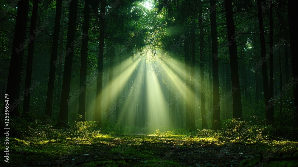 Obraz premium Sunlight streams through dark forest