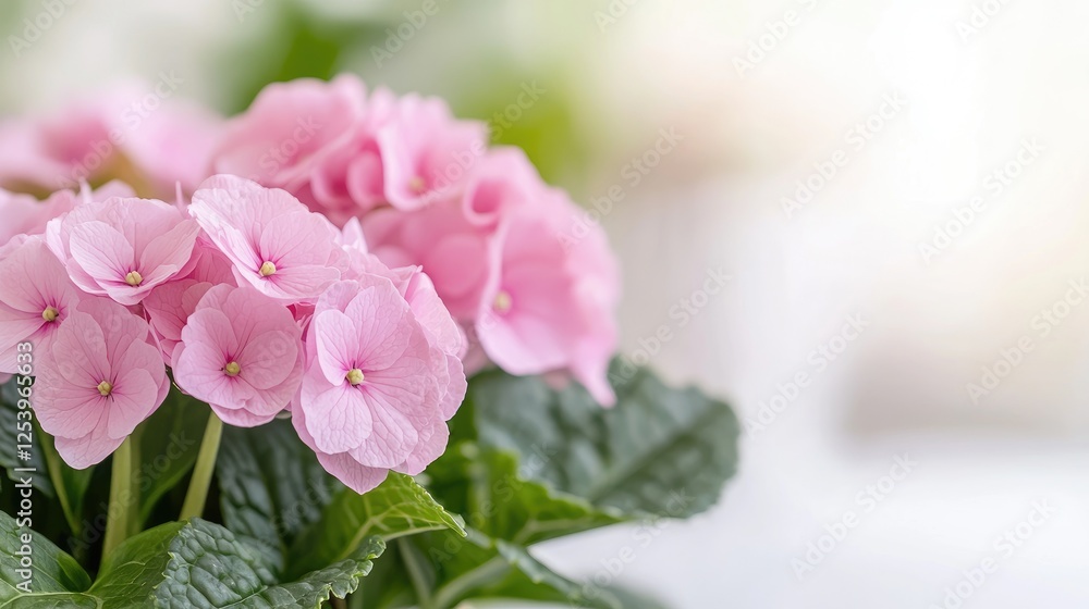 Fototapeta premium Pink hydrangeas in pot, bright home background