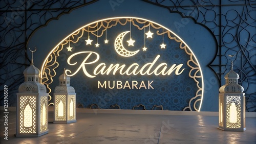 Ramadan Kareem translate generous Ramadan Background with Mosque and hanging lantern lamp for Muslim Community Celebration.