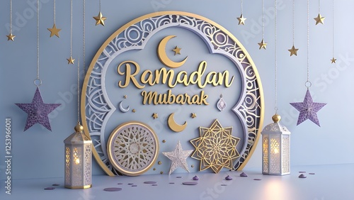 Ramadan Kareem translate generous Ramadan Background with Mosque and hanging lantern lamp for Muslim Community Celebration.