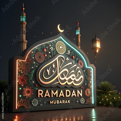 Ramadan Kareem translate generous Ramadan Background with Mosque and hanging lantern lamp for Muslim Community Celebration.