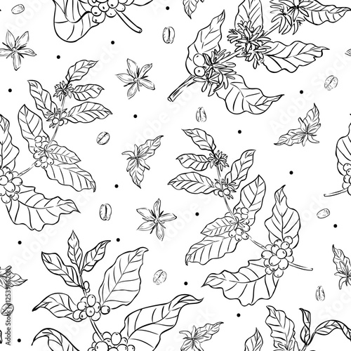 A seamless black and white pattern featuring hand-drawn coffee plant branches, leaves, flowers, and beans, ideal for packaging, textiles, and wallpapers.
