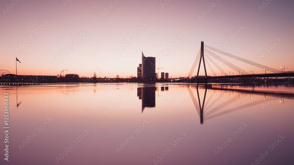 Fototapeta premium Sunset Panoramic view of Riga city with reflection from Daugava river bank.