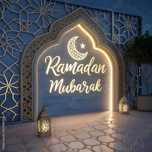 Ramadan Kareem translate generous Ramadan Background with Mosque and hanging lantern lamp for Muslim Community Celebration.