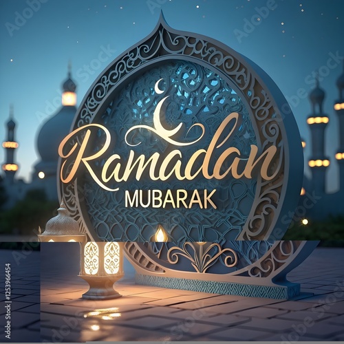 Ramadan Kareem translate generous Ramadan Background with Mosque and hanging lantern lamp for Muslim Community Celebration.