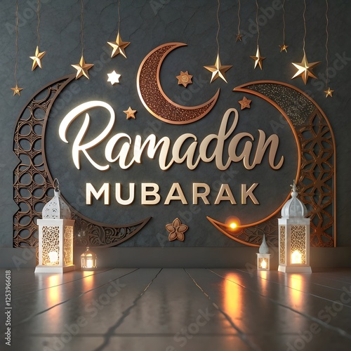 Ramadan Kareem translate generous Ramadan Background with Mosque and hanging lantern lamp for Muslim Community Celebration.