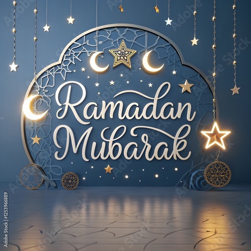 Ramadan Kareem translate generous Ramadan Background with Mosque and hanging lantern lamp for Muslim Community Celebration.