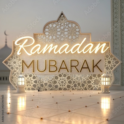 Ramadan Kareem translate generous Ramadan Background with Mosque and hanging lantern lamp for Muslim Community Celebration.