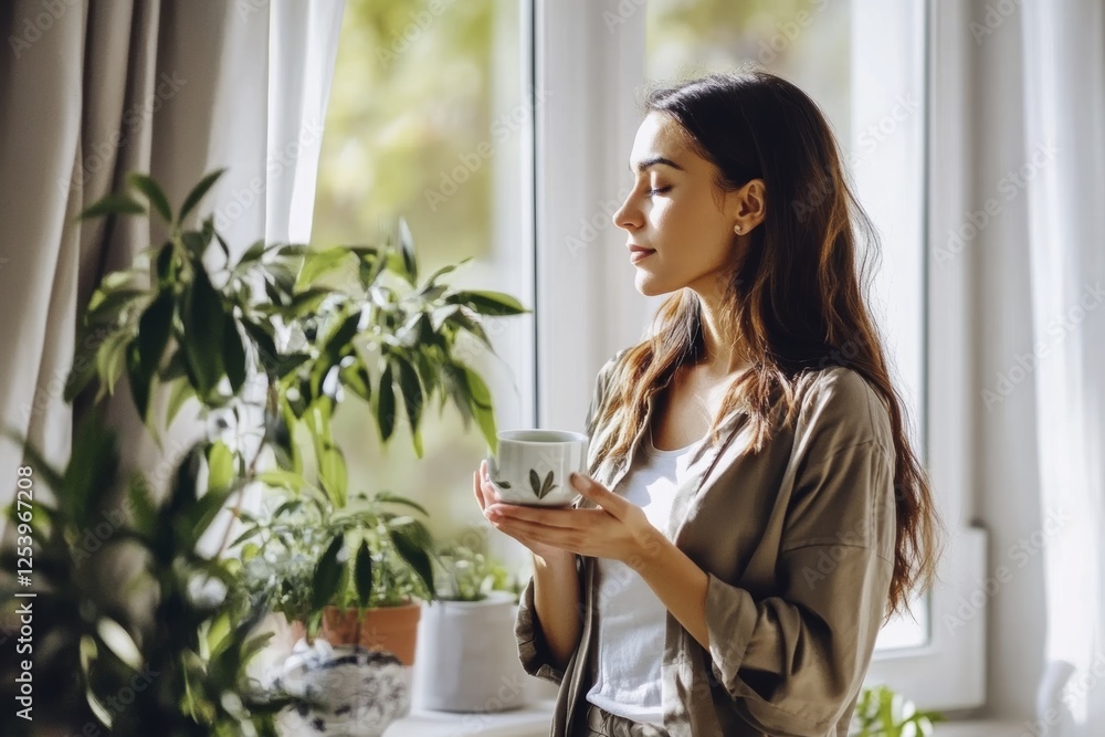 Mindful woman practicing relaxation with herbal tea surrounded by indoor plants Mindful woman practicing relaxation with herbal tea surrounded by indoor plants
