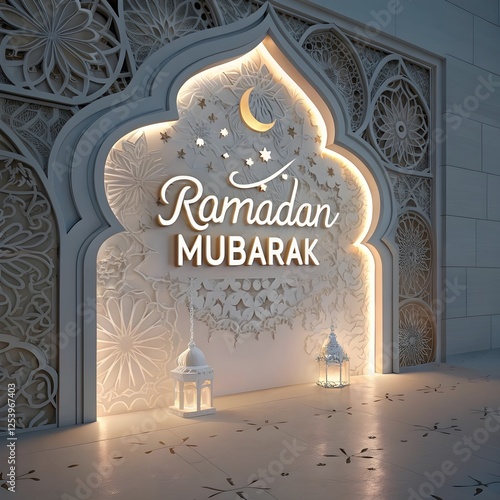 Ramadan Kareem translate generous Ramadan Background with Mosque and hanging lantern lamp for Muslim Community Celebration.