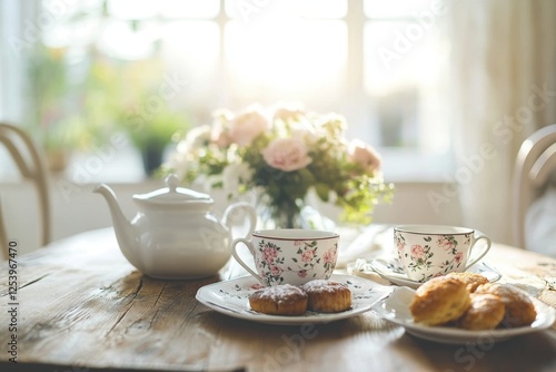 Wallpaper Mural Elegant tea set with floral patterned cups on rustic table perfect for tea time gatherings Torontodigital.ca