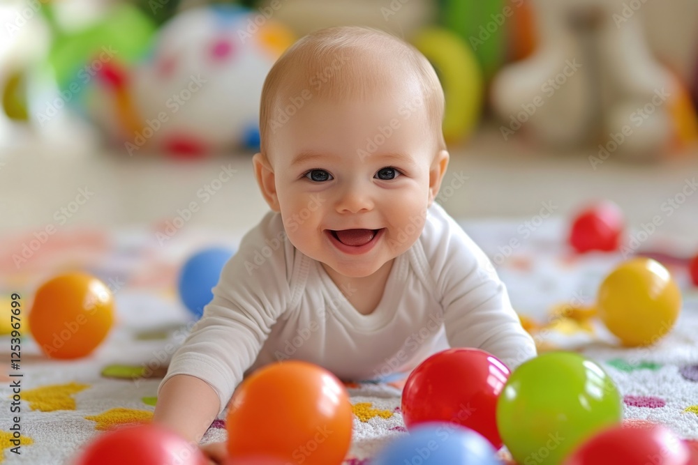 This image captures an adorable baby crawling joyfully on a colorful playmat surrounded by vibrant plastic balls, evoking innocence and playfulness. This image captures an adorable baby crawling joyfully on a colorful playmat surrounded by vibrant plastic balls, evoking innocence and playfulness.