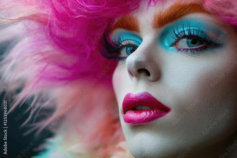 A dramatic portrait of a model showcasing bold makeup and vibrant hair, embodying creativity and confidence in contemporary beauty trends. A dramatic portrait of a model showcasing bold makeup and vibrant hair, embodying creativity and confidence in contemporary beauty trends.