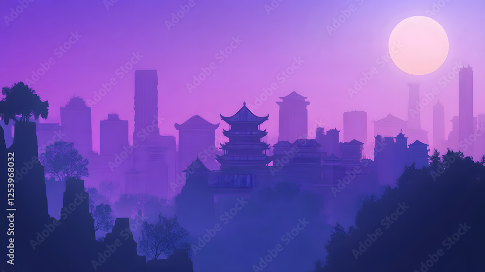 Fototapeta premium Ancient city silhouette background, purple gradient sky, flat vector illustration style
