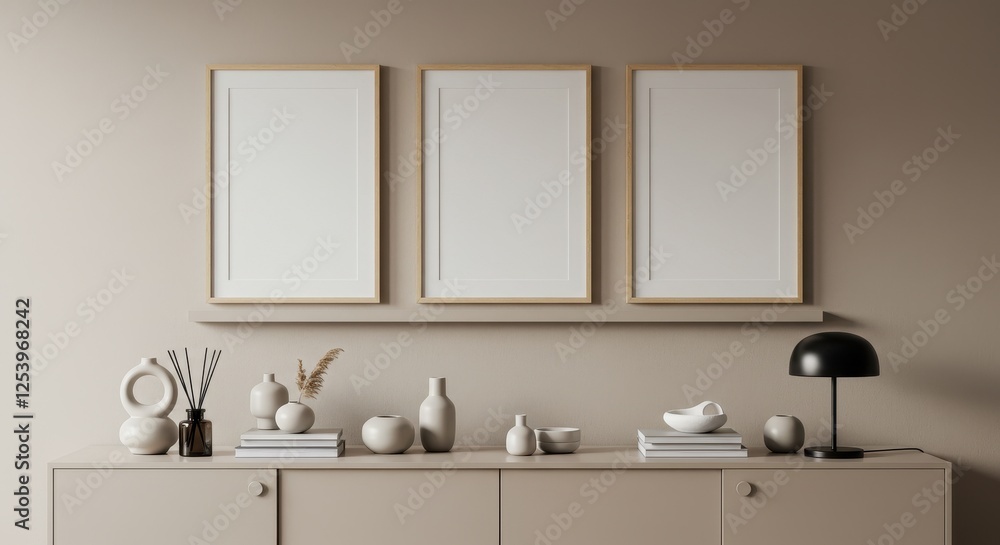 Fototapeta premium An elegant and modern shelf display with three blank wooden picture frames mounted on a beige wall