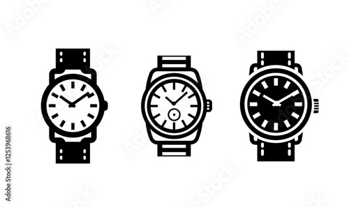 Vector illustration of a set of silhouettes of classic wristwatches in minimalist style