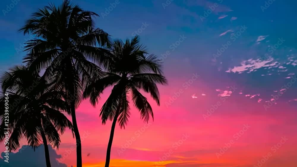 Silhouetted palm trees set against a vibrant pink sky at sunset, creating a tropical, serene, and picturesque landscape full of warmth. Silhouetted palm trees set against a vibrant pink sky at sunset, creating a tropical, serene, and picturesque landscape full of warmth.