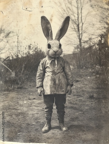 A captivating image of a child wearing a large rabbit mask in an outdoor setting, blending fantasy with reality and exploring themes of innocence and playfulness. photo