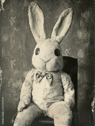 A nostalgic portrait of a plush rabbit doll, exuding a sense of warmth and childhood memories; it evokes feelings of comfort and simplicity from a bygone era. photo