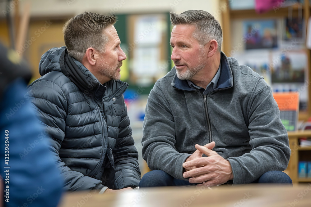 Fototapeta premium Two Men Engaged in Conversation During Adoption Agency Interview