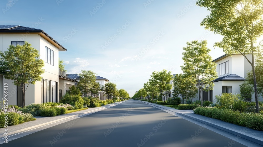 Serene Urban Environment with Modern Residential Homes and Lush Greenery on a Peaceful Street Bathed in Natural Light, Ideal for Real Estate or Community Development Themes Serene Urban Environment with Modern Residential Homes and Lush Greenery on a Peaceful Street Bathed in Natural Light, Ideal for Real Estate or Community Development Themes