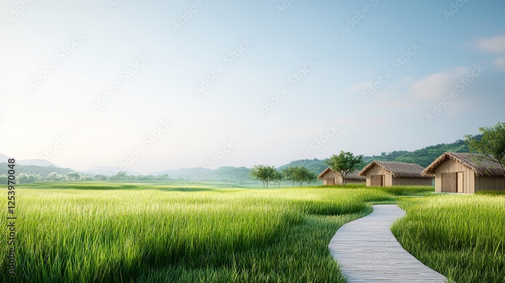 Obraz premium Serene Countryside Scene with Traditional Wooden Houses and Lush Green Grass Under a Clear Blue Sky, Ideal for Nature and Rural Lifestyle Imagery