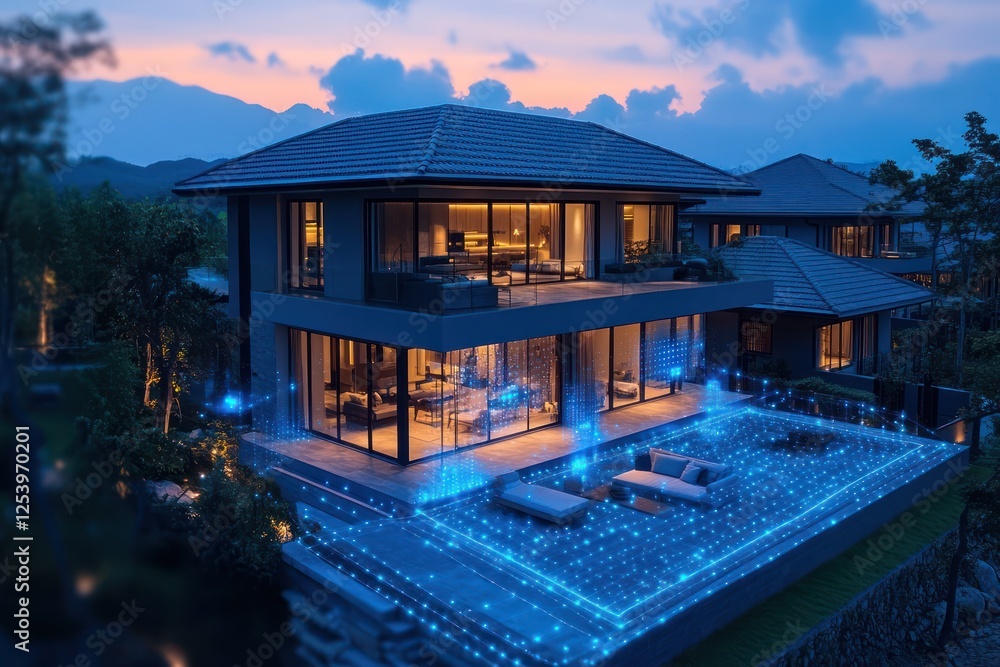 Fototapeta premium Immersive IoT-enabled smart home featuring connected devices managing climate, lighting, and security seamlessly through AI