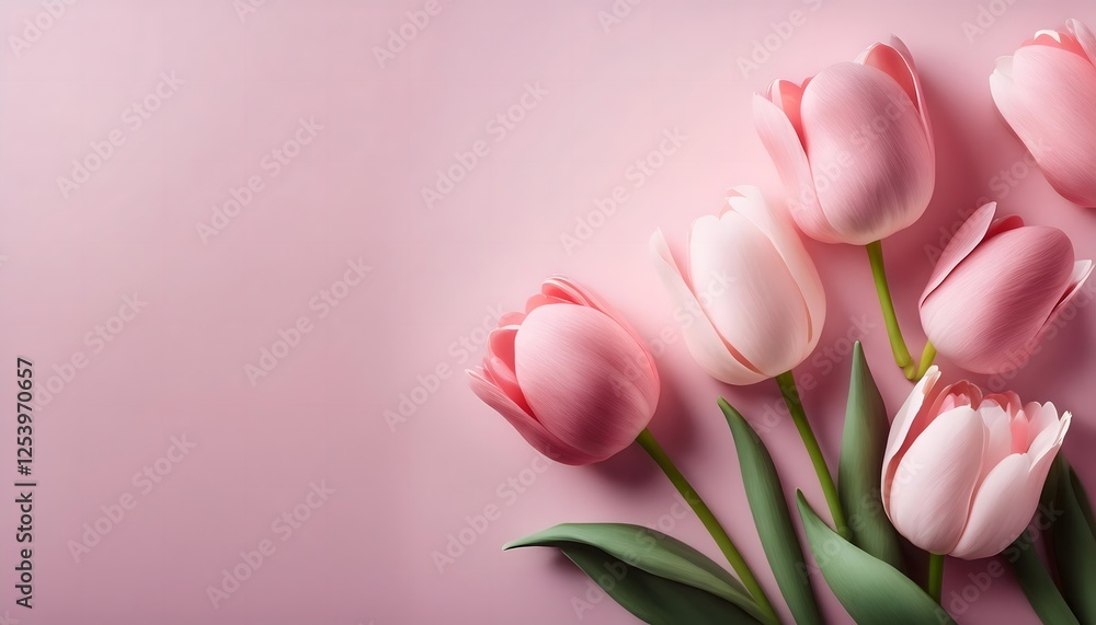 Fototapeta premium tulip flowers on pink background, 4k wallpaper, banner for women or mothers Day and spring sale; copy space 8 march happy women's text
