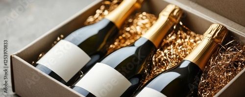 Gift box with four elegant sparkling wine bottles in premium packaging