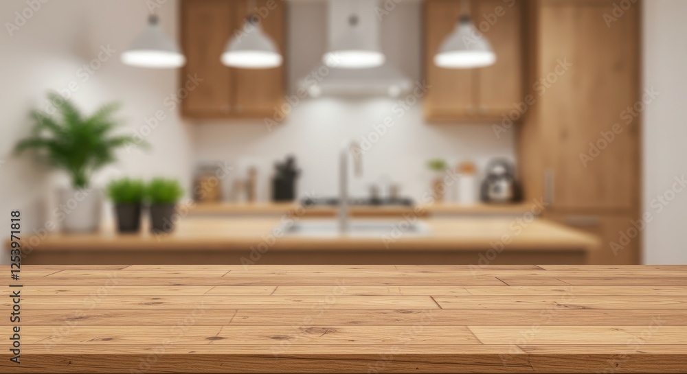 A wooden tabletop in the foreground with a blurred modern kitchen background A wooden tabletop in the foreground with a blurred modern kitchen background