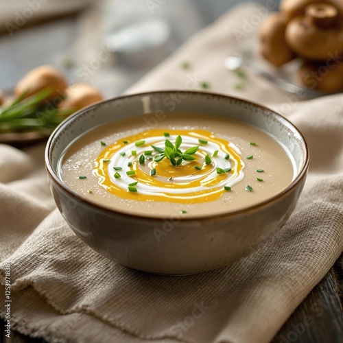Velouté de Champignons Mushroom Soup with Truffle Oil, French Restaurant Food Menu Photography
