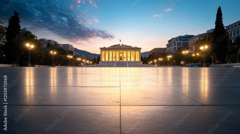 Fototapeta premium Serene Dawn at the Greek Academy of Athens: A Beautiful Sight of Historical Architecture and Empty Plaza Under a Colorful Sky