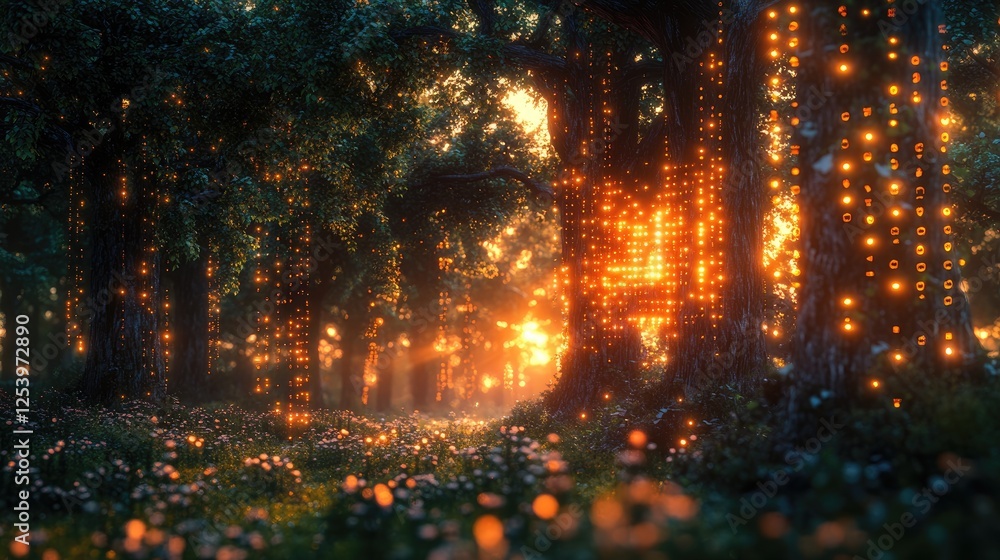 Fototapeta premium A magical forest scene illuminated by glowing lights and a warm sunset.