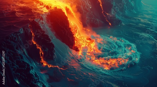 A lava flow is seen in the ocean, with the water and lava mixing together. The scene is both beautiful and dangerous, as the lava can cause destruction and harm to anything in its path photo