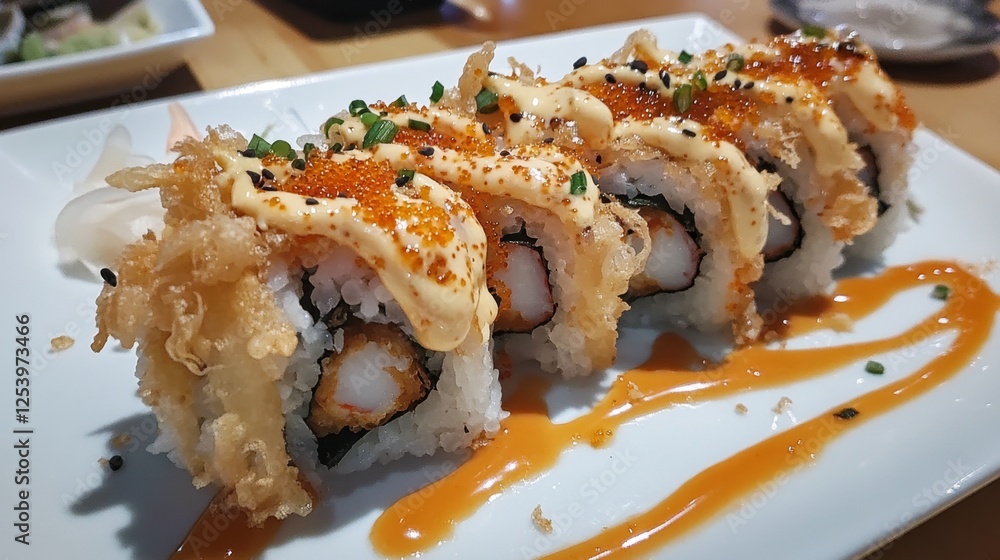 A vibrant plate of tempura sushi rolls, wrapped in nori and drizzled with spicy mayo, with crispy shrimp inside. A vibrant plate of tempura sushi rolls, wrapped in nori and drizzled with spicy mayo, with crispy shrimp inside.