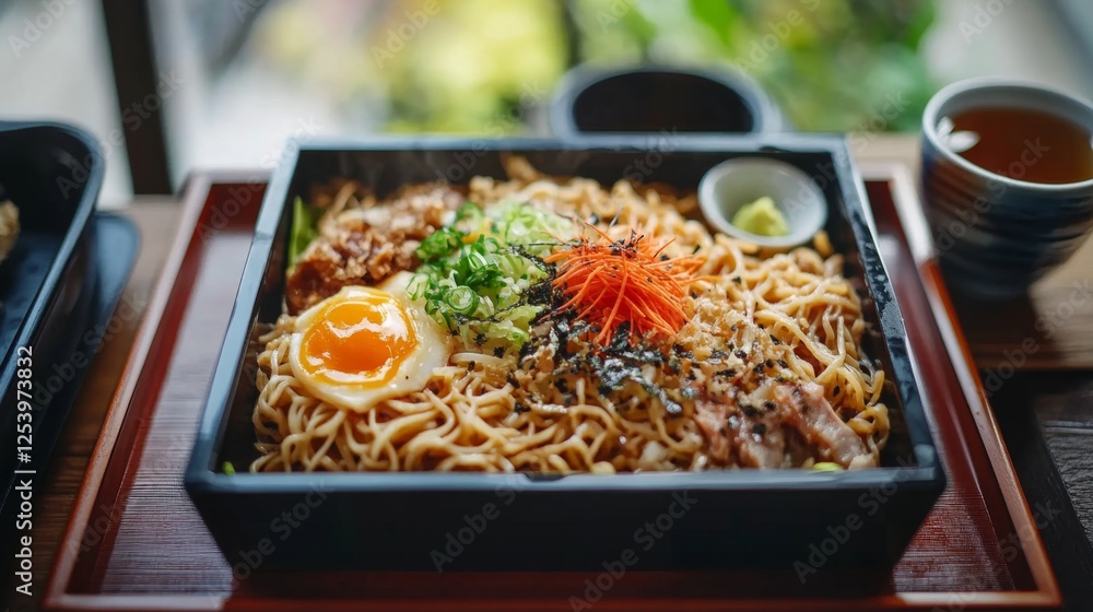 A yakisoba-filled bento box with neatly arranged toppings, placed on a wooden lunch table with a cup of tea. A yakisoba-filled bento box with neatly arranged toppings, placed on a wooden lunch table with a cup of tea.
