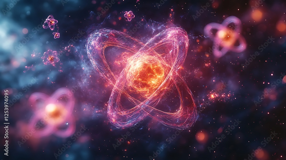A scientific concept artwork showcasing atomic structures in a colorful floating state A scientific concept artwork showcasing atomic structures in a colorful floating state