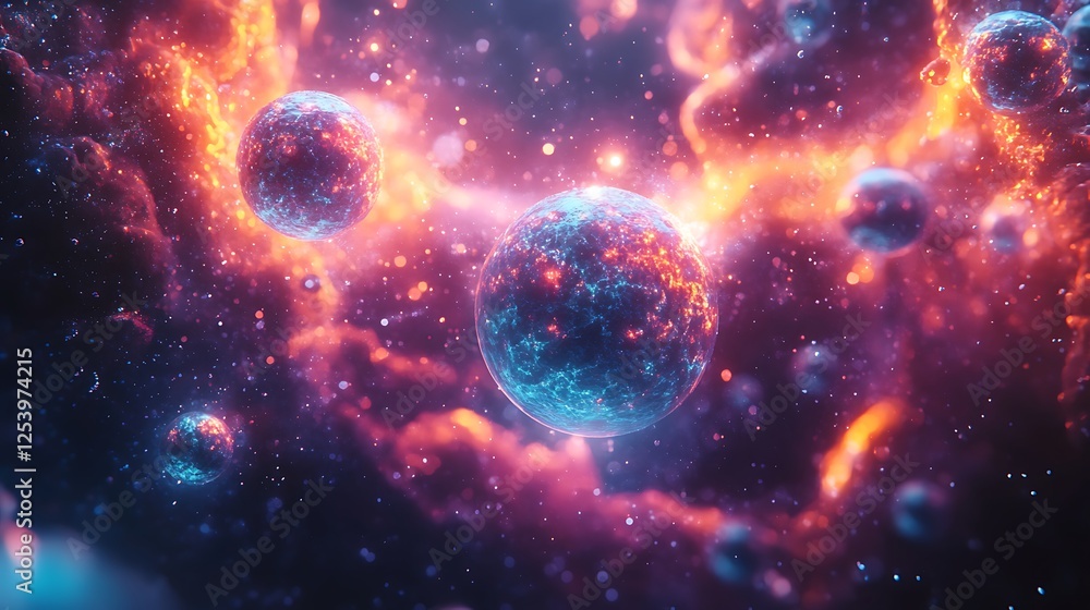 A scientific concept artwork showcasing atomic structures in a colorful floating state A scientific concept artwork showcasing atomic structures in a colorful floating state