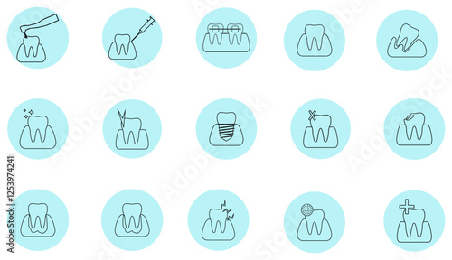 This is a collection of black and white tooth stickers that represent various dental diseases and treatments. Icons represent healthy teeth, tooth decay, tooth decay, braces, extractions, fillings, im