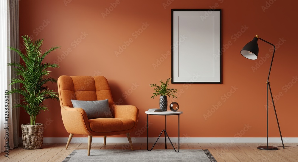 Fototapeta premium A contemporary living room featuring a bold orange armchair with a gray cushion a black framed blank picture frame