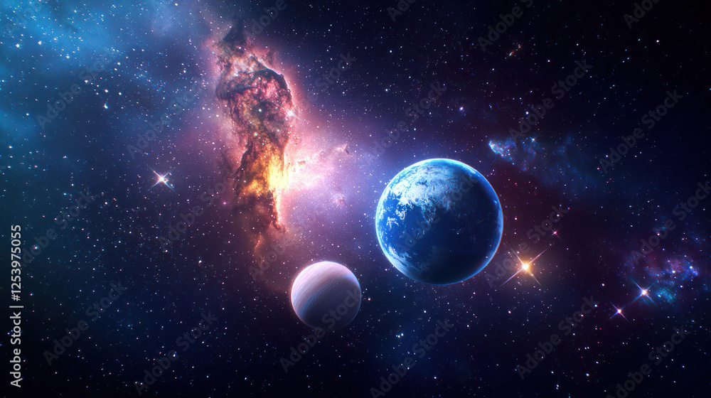 Obraz premium Colorful Deep Space Nebula With Planets